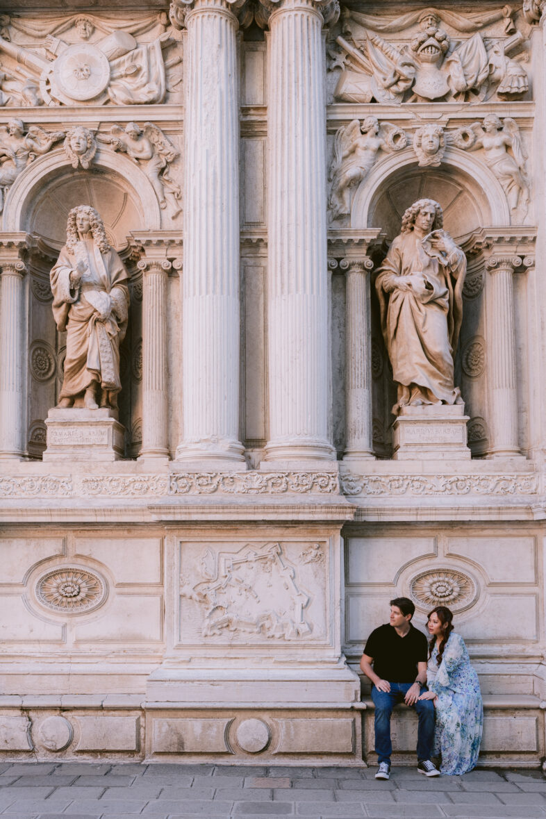 Romantic stroll through cobblestone streets of Venice, anniversary photoshoot by destination Venice photographer.
